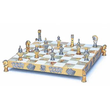 Conjunto de Póker I Tablero de Ajedrez y Juego de Ajedrez en Bronce, Ónix y Oro de 24 Quilates