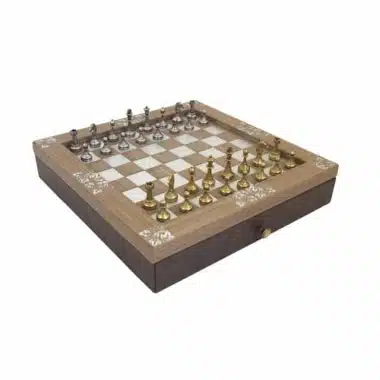 Juego de ajedrez de madera Arabesque con cajón de almacenamiento y juego de ajedrez de metal Staunton