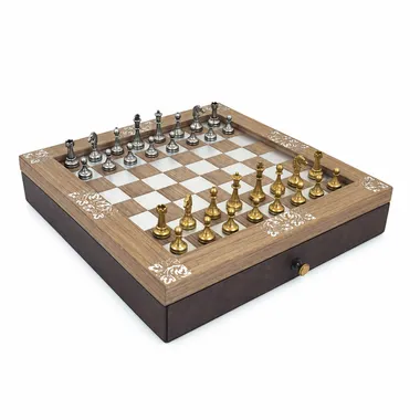 Tablero de ajedrez de madera con cajón de almacenaje y piezas Staunton de metal