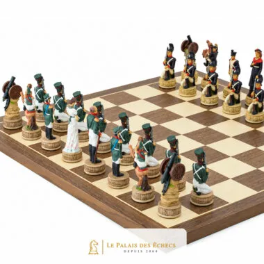 Juego de ajedrez de resina Napoleón contra Rusia y tablero de ajedrez de madera de arce y nogal