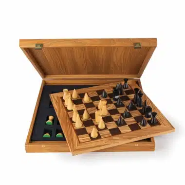 Juego de Ajedrez Moderno en Madera de Rosa y Tablero en Raíz de Olivo con Almacenamiento