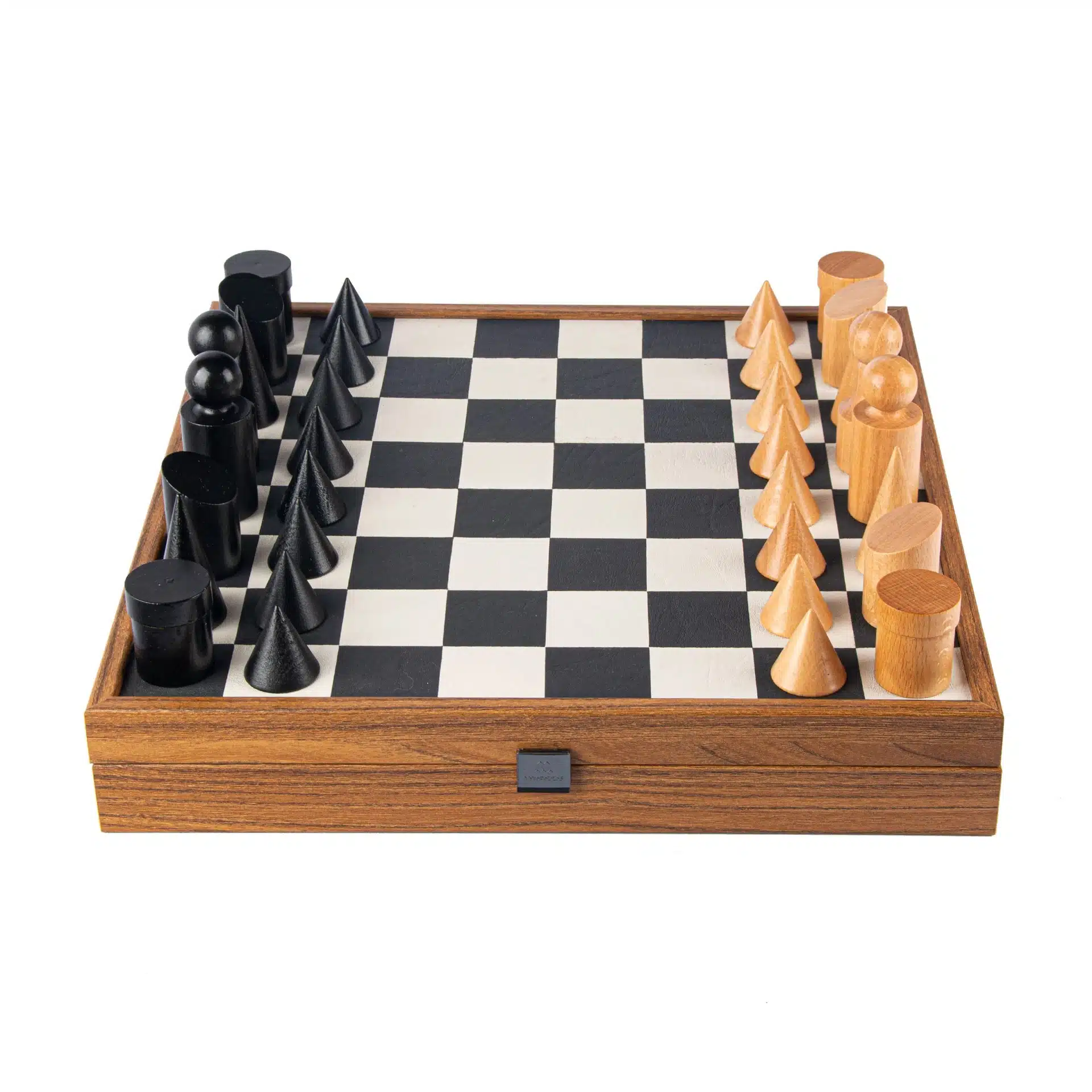 Juego de ajedrez de madera y cuero de la Bauhaus en blanco y negro, con almacenamiento - Imagen 2
