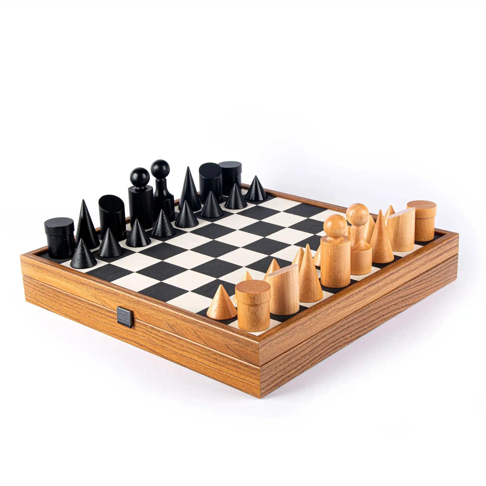 Juego de ajedrez de madera y cuero de la Bauhaus en blanco y negro, con almacenamiento