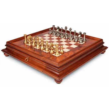 Juego de ajedrez Grand Staunton completo sobre tablero de madera de raíz con cajón