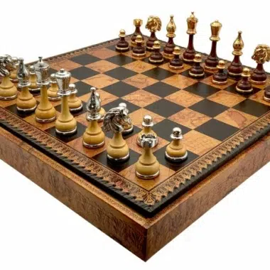 Juego de ajedrez floreado - Tablero de ajedrez - Backgammon y Damas en imitación de cuero con almacenamiento y piezas de madera y metal