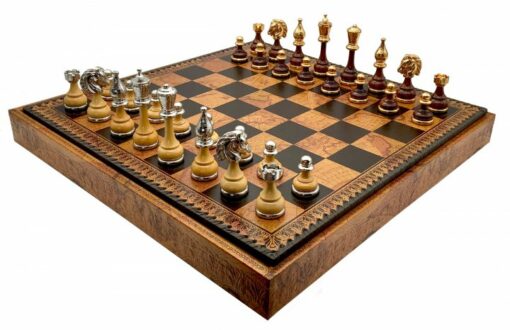 Juego de ajedrez floreado - Tablero de ajedrez - Backgammon y Damas en imitación de cuero con almacenamiento y piezas de madera y metal