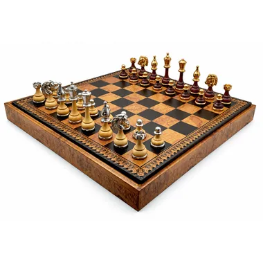 Juego de ajedrez floreado - Tablero de ajedrez - Backgammon y Damas en imitación de cuero con almacenamiento y piezas de madera y metal