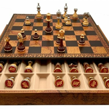 Juego de ajedrez floreado - Tablero de ajedrez - Backgammon y damas en imitación de cuero con almacenamiento y piezas de madera y metal