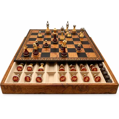 Juego de ajedrez floreado - Tablero de ajedrez - Backgammon y damas en imitación de cuero con almacenamiento y piezas de madera y metal