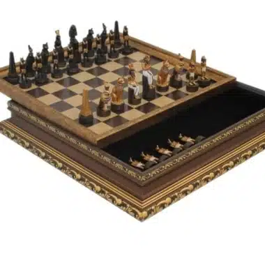 Juego de ajedrez Egipto, tablero de madera dorada y caja de almacenamiento abierta