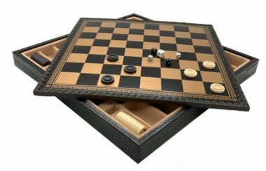 Juego de ajedrez clásico - Tablero de ajedrez - Backgammon y Damas en imitación de cuero y piezas de ajedrez de madera