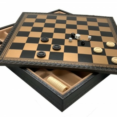 Juego de ajedrez clásico - Tablero de ajedrez - Backgammon y Damas en imitación de cuero y piezas de ajedrez de madera