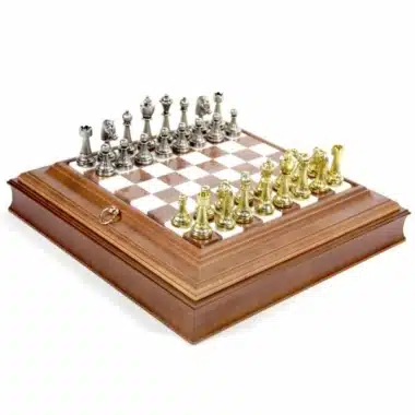 Juego de ajedrez Staunton - Tablero de ajedrez de madera y alabastro con almacenamiento incorporado y piezas de metal