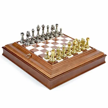 Juego de ajedrez Staunton - Tablero de ajedrez de madera y alabastro con almacenamiento incorporado y piezas de metal
