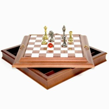 Juego de ajedrez Staunton - Tablero de ajedrez de madera y alabastro con almacenamiento incorporado y piezas de metal