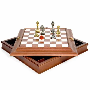 Juego de ajedrez Staunton - Tablero de ajedrez de madera y alabastro con almacenamiento incorporado y piezas de metal