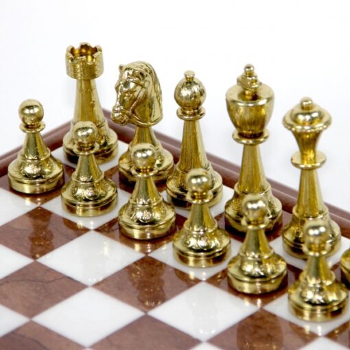 Juego de ajedrez Staunton - Tablero de ajedrez de madera y alabastro con almacenamiento incorporado y piezas de metal