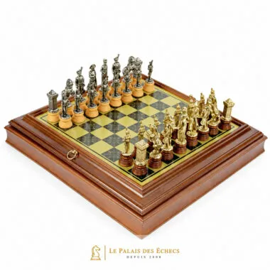 Juego de ajedrez Napoleón - Tablero de ajedrez de madera con efecto de latón con almacenamiento integrado y piezas de metal
