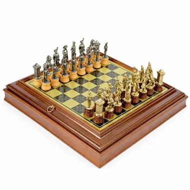 Juego de ajedrez Napoleón - Tablero de ajedrez de madera con efecto de latón con almacenamiento integrado y piezas de metal