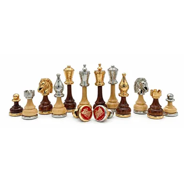 Juego de ajedrez Flowered de madera y metal, piezas doradas y plateadas alineadas
