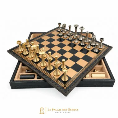 Juego de ajedrez contemporáneo - Tablero de ajedrez y backgammon de cuero artificial y piezas de metal