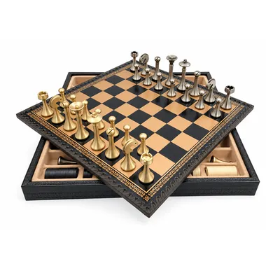 Juego de ajedrez contemporáneo - Tablero de ajedrez y backgammon de cuero artificial y piezas de metal