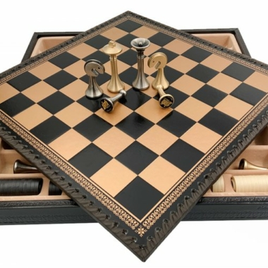 Juego de ajedrez contemporáneo - Tablero de ajedrez y backgammon de cuero artificial y piezas de metal