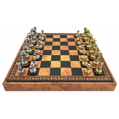 Juego de ajedrez floreado - Tablero de ajedrez - Backgammon y damas en imitación de cuero con almacenamiento y piezas de ajedrez de metal