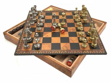Juego de ajedrez floreado - Tablero de ajedrez - Backgammon y damas en imitación de cuero con almacenamiento y piezas de ajedrez de metal