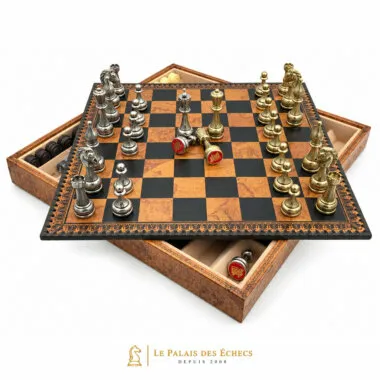 Juego de ajedrez floreado - Tablero de ajedrez - Backgammon y damas en imitación de cuero con almacenamiento y piezas de ajedrez de metal