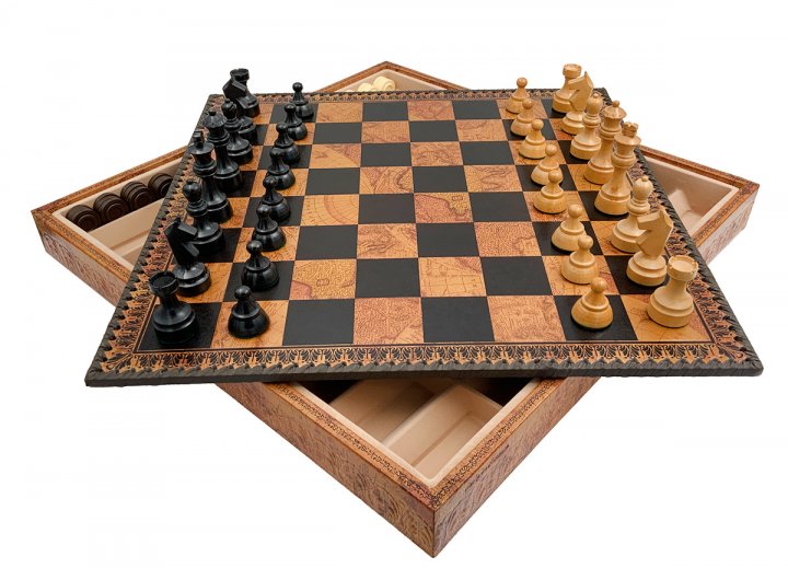 Juego de Ajedrez Clásico - Tablero - Backgammon y Damas en similicuir con almacenamiento & Piezas de madera - Imagen 3