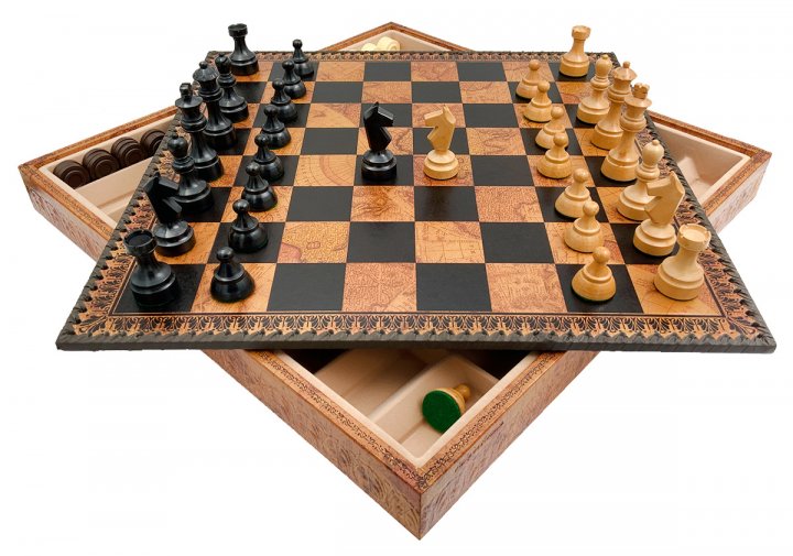 Juego de Ajedrez Clásico - Tablero - Backgammon y Damas en similicuir con almacenamiento & Piezas de madera - Imagen 4