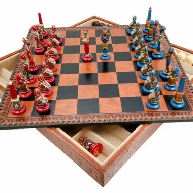 Juego de Ajedrez Egipcio - Tablero de Ajedrez - Backgammon y Damas en imitación de cuero y piezas de metal
