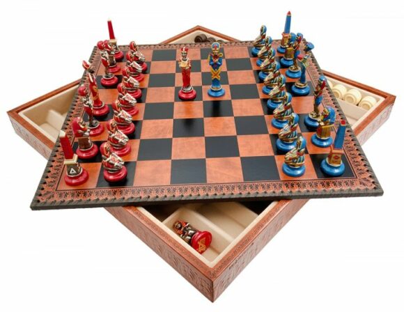 Juego de Ajedrez Egipcio - Tablero de Ajedrez - Backgammon y Damas en imitación de cuero y piezas de metal
