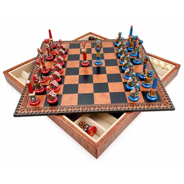 Juego de Ajedrez Egipcio - Tablero de Ajedrez - Backgammon y Damas en imitación de cuero y piezas de metal