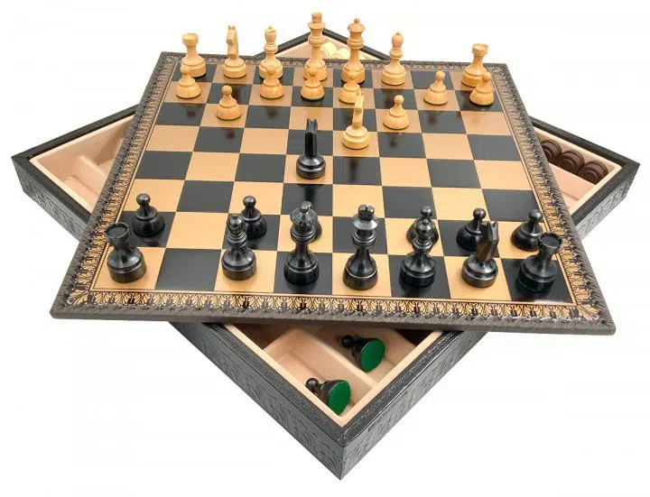 Juego de Ajedrez Clásico - Tablero de Ajedrez - Backgammon y Damas en imitación de cuero con almacenamiento y piezas de madera