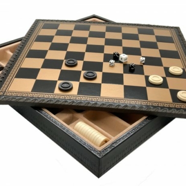 Juego de Ajedrez Clásico - Tablero de Ajedrez - Backgammon y Damas en imitación de cuero con almacenamiento y piezas de madera