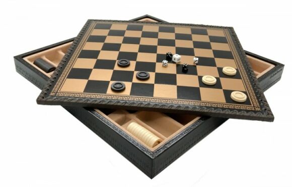 Juego de Ajedrez Clásico - Tablero de Ajedrez - Backgammon y Damas en imitación de cuero con almacenamiento y piezas de madera