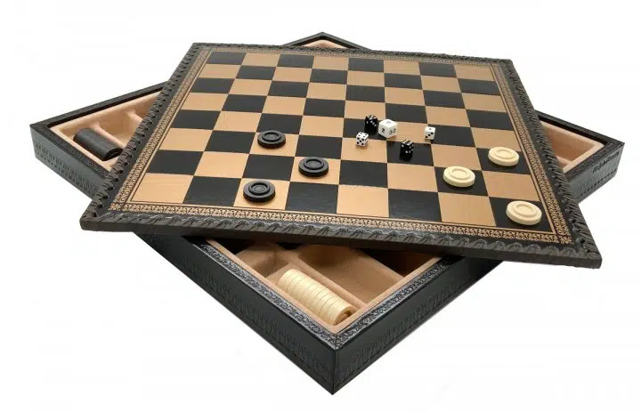 Juego de Ajedrez Clásico - Tablero de Ajedrez - Backgammon y Damas en imitación de cuero con almacenamiento y piezas de madera