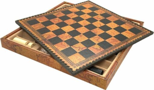 Juego de Ajedrez Romano vs Bárbaro - Tablero de Ajedrez - Backgammon y Damas en imitación de cuero con almacenamiento y piezas de metal