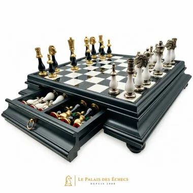 Juego de Ajedrez Arabesco - Tablero de ajedrez de madera y alabastro serie negra con cajón y piezas de metal y madera lacada
