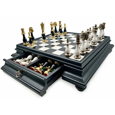 Juego de Ajedrez Arabesco - Tablero de ajedrez de madera y alabastro serie negra con cajón y piezas de metal y madera lacada