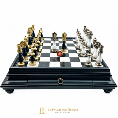 Juego de Ajedrez Arabesco - Tablero de ajedrez de madera y alabastro serie negra con cajón y piezas de metal y madera lacada