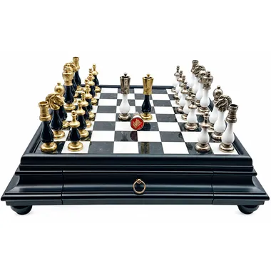 Juego de Ajedrez Arabesco - Tablero de ajedrez de madera y alabastro serie negra con cajón y piezas de metal y madera lacada