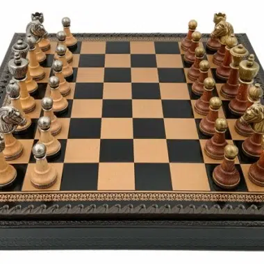 Juego de ajedrez clásico - Tablero de ajedrez y backgammon de cuero y piezas de madera y metal
