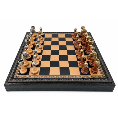 Juego de ajedrez clásico - Tablero de ajedrez y backgammon de cuero y piezas de madera y metal
