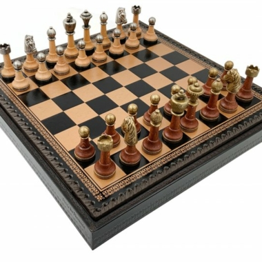 Juego de ajedrez clásico - Tablero de ajedrez y backgammon de cuero y piezas de madera y metal