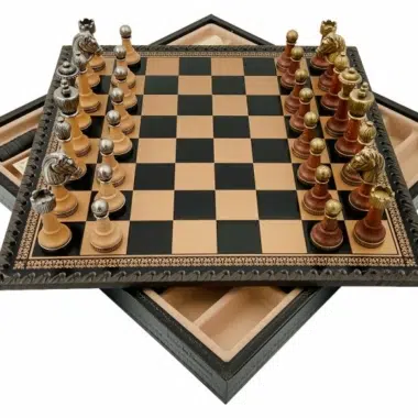 Juego de ajedrez clásico - Tablero de ajedrez y backgammon de cuero y piezas de madera y metal