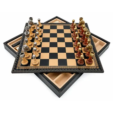 Juego de ajedrez clásico - Tablero de ajedrez y backgammon de cuero y piezas de madera y metal