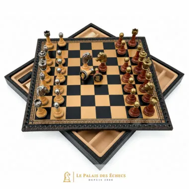 Juego de ajedrez clásico - Tablero de ajedrez y backgammon de cuero y piezas de madera y metal